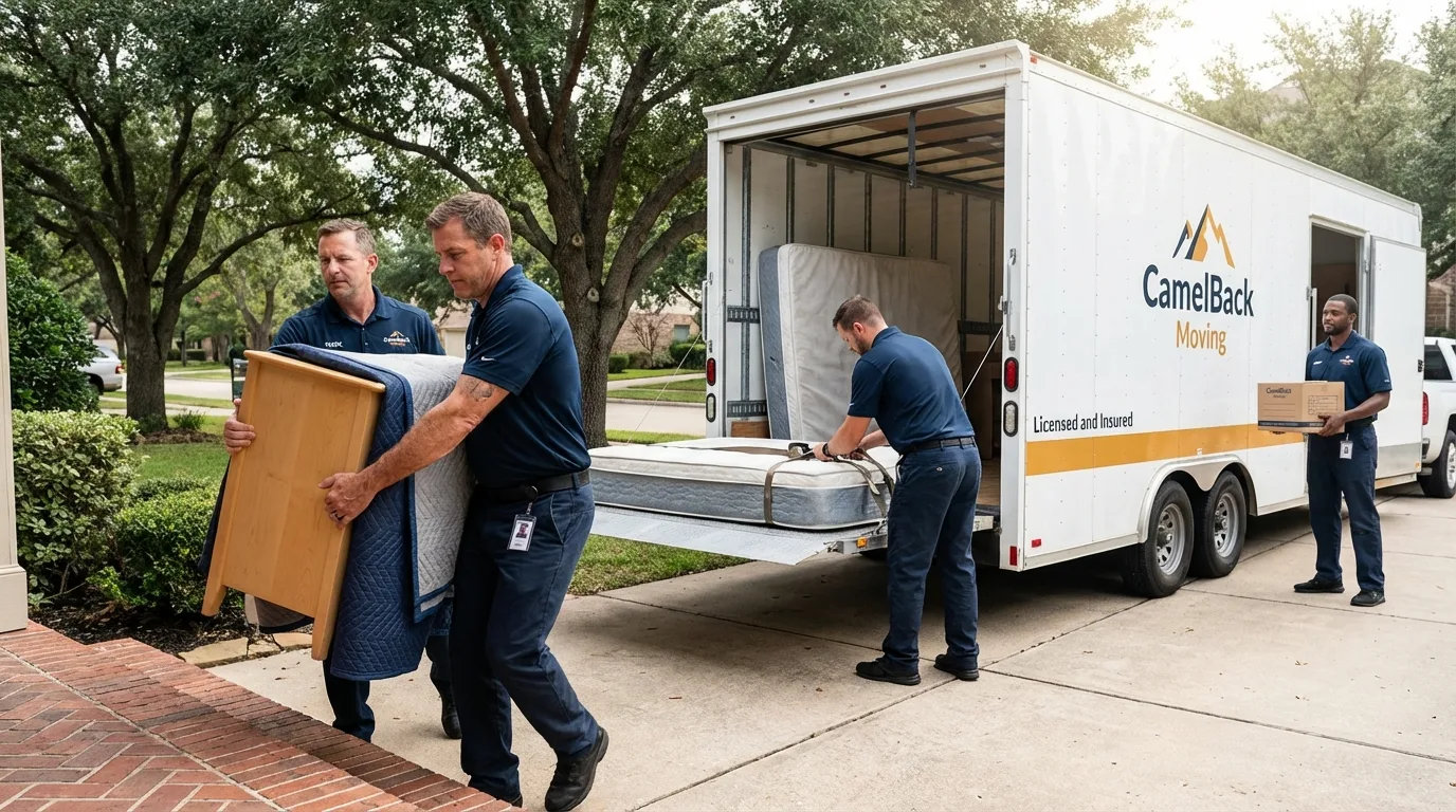 Crew loading residential truck for cross-state move from Clarinda, IA