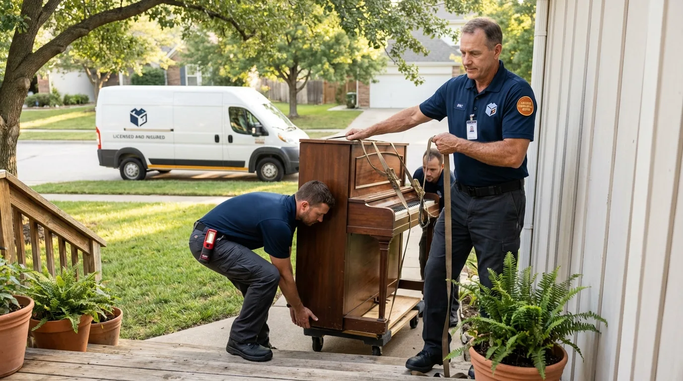 Licensed piano movers securing grand piano in Clarinda, IA