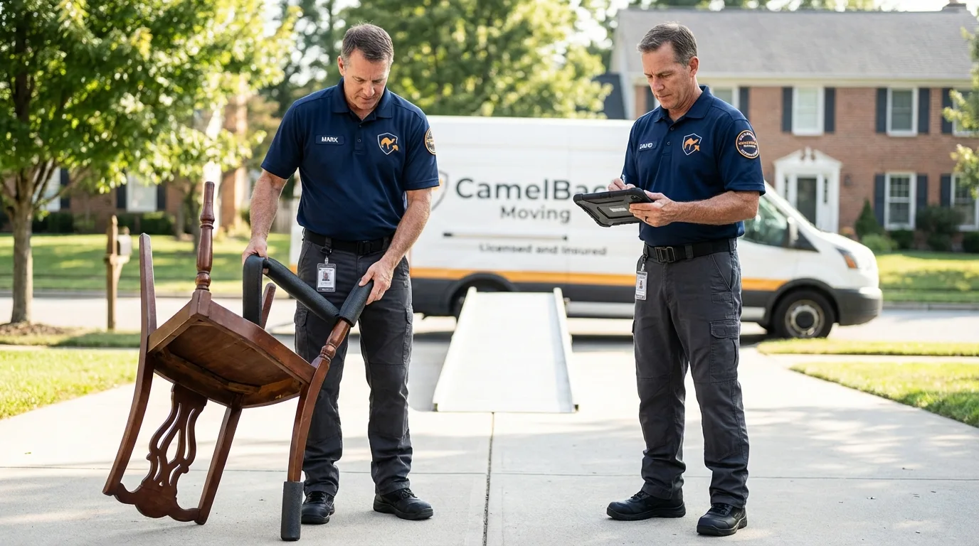 Movers inspecting furniture for damage prevention before loading in Clarinda, IA