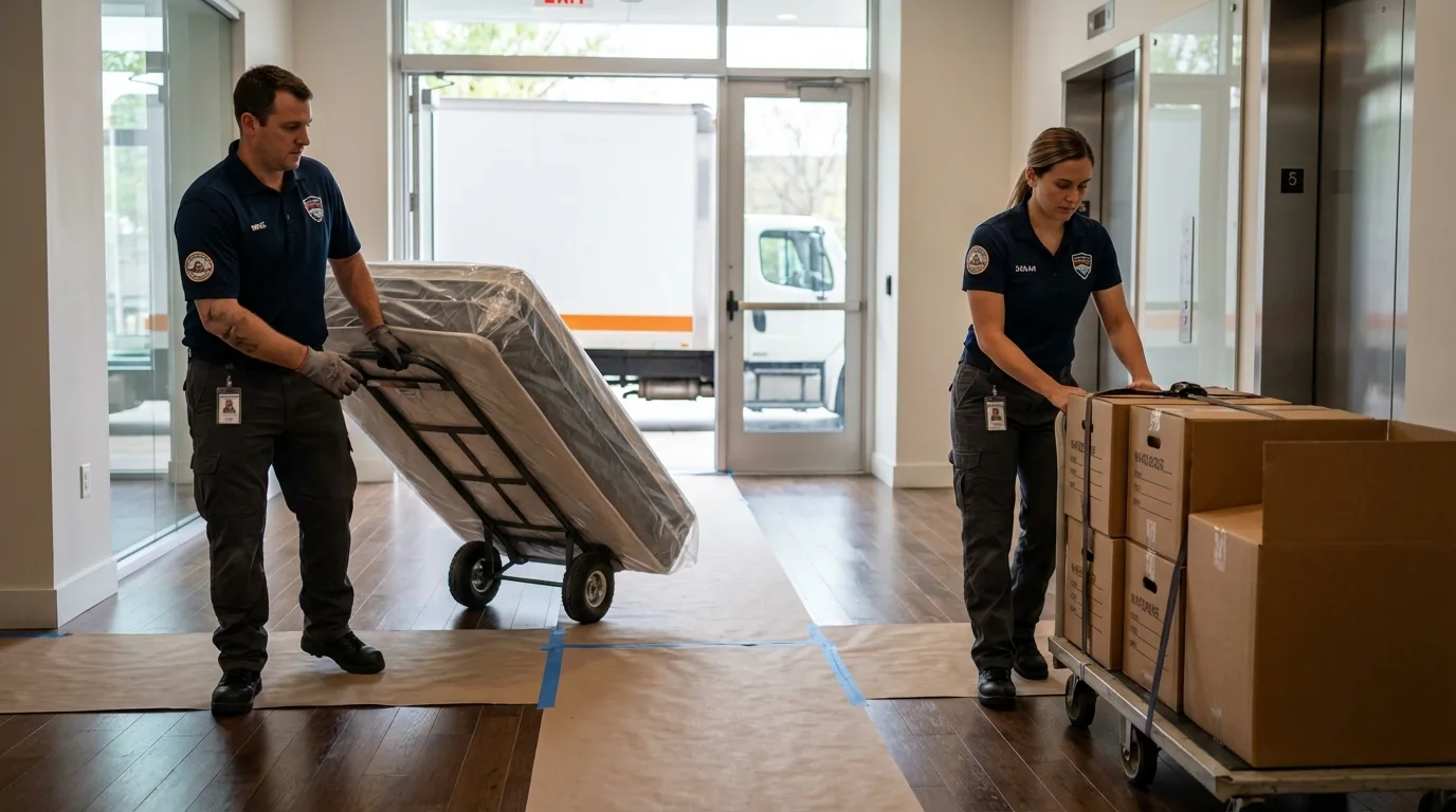 Professional apartment movers loading elevator in Clarinda, IA