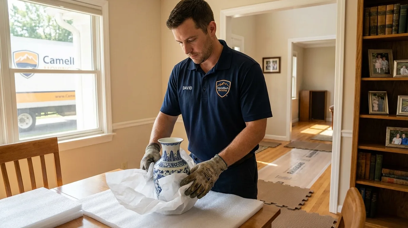 Professional crew carefully wrapping antique vase for senior downsizing move in Clarinda, IA
